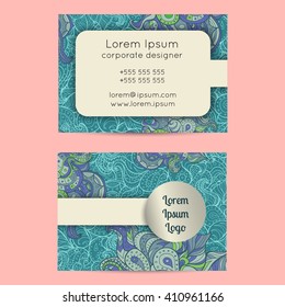 Vector set of delicate hand drawn boho doodle paisley business card template designs. Summer floral design.