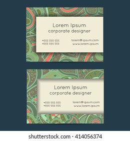 Vector set of delicate hand drawn boho doodle paisley business card template designs.