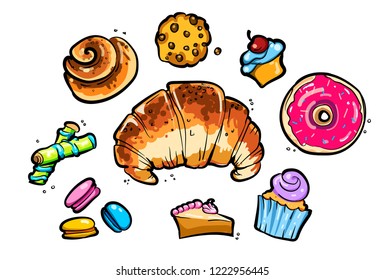 Vector set delicious bakery products. Sweets, donut, cookies, croissant. Colourful vector sweet food