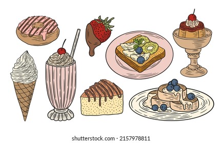 Vector set of delicious confections and sweets. Illustrations isolated on white background.
