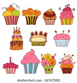 Vector set of delicious cupcakes. Vector illustration