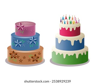 vector set of delicious fruit and  chocolate cakes with flowers and birthday candles