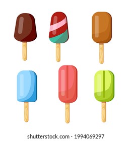 Vector set of delicious ice cream on a stick with different fillings isolated on a white background. Illustration for web design and printing.