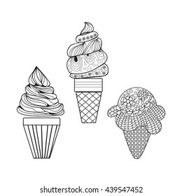 Vector Set of delicious ice-creams doodle style. Different kinds of ice cream May be use for children's coloring book