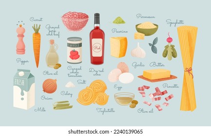 El vector pone deliciosos productos de tienda. Postal con diferentes tipos de comida: pasta, verduras, carne, pasta de tomate, leche, vino, queso, aceite de oliva. Estilo de caricatura con textura vintage pegatina de comida única