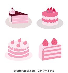 Juego de Vector de deliciosa rebanada de comida de pastel de cumpleaños de fresa con crema