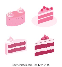 Juego de Vector de deliciosa rebanada de comida de pastel de cumpleaños de fresa con crema