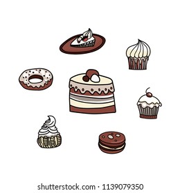Vector Set of delicious sweets, desserts, cakes and cupcake, muffin. Hand drawn Vector Illustration Bakery Set.