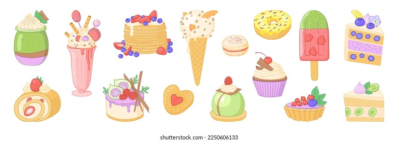 Vector set of delicious sweets and desserts. Sweet food illustration set.