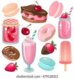 Vector Set of delicious sweets and desserts with cherry, strawberry flavor for valentine day. Colorful jam, macarons, popsicle, icecream, cake, donut,milkshake, smoothie. Isolated on white background