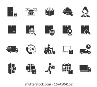 Vector set of delivery flat icons. Contains icons contactless delivery, online order, food delivery, courier, fast delivery, drone shipping and more. Pixel perfect.