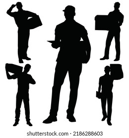 Vector Set Of Delivery Man Carrying Boxes Silhouettes Illustration Isolated On White Background