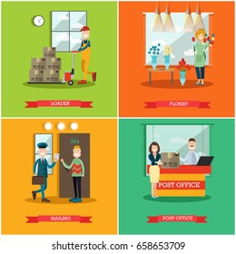 Vector set of delivery posters. Loader, Florist, Mailing and Post office flat style design elements.