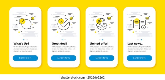 Vektorset der Zustelldienste, Messenger und Verification Line Icons gesetzt. UI Telefon-App-Bildschirme mit Zeilensymbole. Technisches Infosymbol. Internationales Paket, Sprachblase, Auswahl. Vektorgrafik