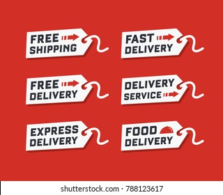 Vector set of delivery service on red background. Free delivery, free shipping labels. Illustration of shipments and free delivery. Delivery labels. Vector illustration