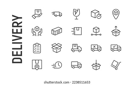 Vector set of delivery thin line icons. Design of 20 stroke pictograms. Signs of delivery isolated on a white background.
