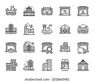 Vector set of Delivery truck, Arena stadium and Loan house line icons set. Circus, Arena and Buildings icons. Hospital building, Lighthouse and Skyscraper buildings signs. Vector