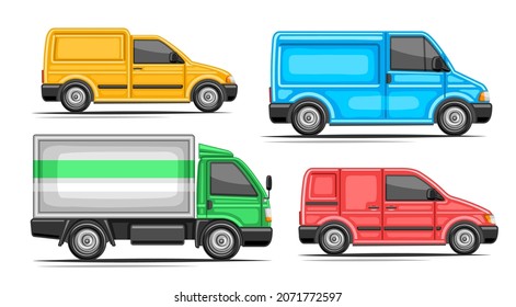 Vector set of Delivery Vans, collection of 4 cut out illustrations colorful commercial van with blank copy space on side view, set of various cartoon delivery mini vans on white background.