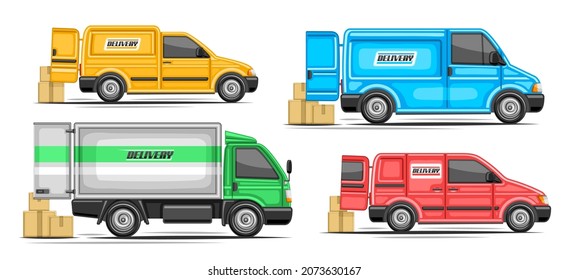 Vector conjunto de Ventiladores de entrega, colección de 4 ilustraciones cortadas de una colorida camioneta comercial con entrega de palabras en vista lateral, conjunto de varias minifurgonetas de entrega con puerta trasera abierta sobre fondo blanco.