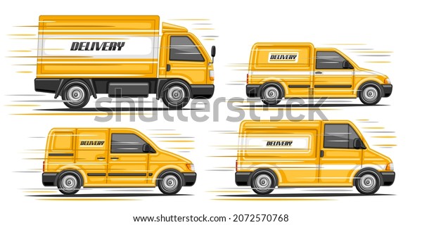 Vector set of Delivery Vans, collection of 4\
cut out illustrations moving orange commercial van with word\
delivery on side view, set of variety cartoon delivery mini vans on\
white background.