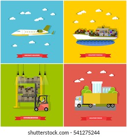 Vector set of delivery vehicle concept design elements in flat style. Delivery by plane, by ship, by truck. Removal of goods from warehouse by forklift. Logistics transportation.