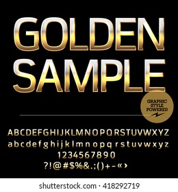 Vector set of deluxe gold alphabet letters, numbers and punctuation symbols. Compact bold style