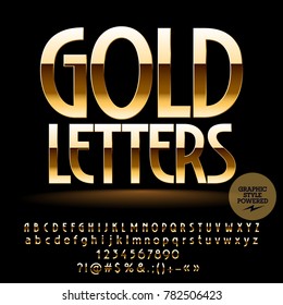 Vector set of deluxe Gold Alphabet Letters, Numbers and Punctuation Symbols. Elite Font with Graphic style