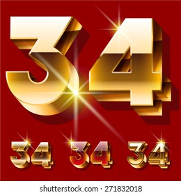 Vector set of deluxe sparkling  gold font. Optional red and gold style. Numbers 3 4