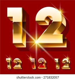 Vector set of deluxe sparkling  gold font. Optional red and gold style. Numbers 1 2