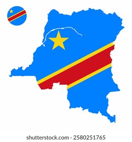 Vector set of Democratic Republic of the Congo high detailed map flag and national flag round badge isolated on white background.