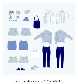 Vector set of denim clothing mock ups isolated. Blue jeans apparel concept illustration background. Line art trendy drawings of denim casual wear. 