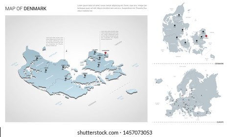 Vector set of Denmark country.  Isometric 3d map, Denmark map, Europe map - with region, state names and city names.