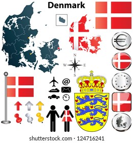 Vector set of Denmark country shape with flags, buttons and icons isolated on white background