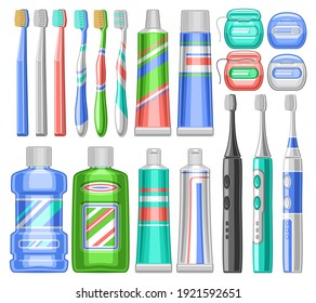 Vector set for Dental Care, lot collection of cut out illustrations of colorful dental products, group of many toothbrushes, medical toothpaste, open and close floss boxes, mouth rinse liquid on white