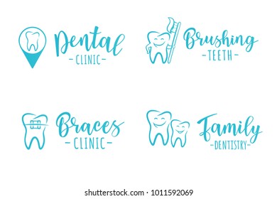 Vector set of dentistry labels: dental clinic, brushing teeth, family dentistry, braces clinic