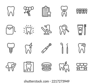 Vector set of dentistry line icons. Contains icons tooth, whitening, implant, veneer, toothache, caries, dental floss, braces and more. Pixel perfect.