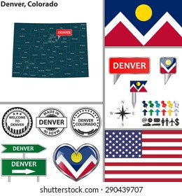 Vector set of Denver, Colorado in USA with flag and icons on white background