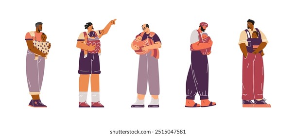 Vector set depicting fathers with children in carriers and demonstrating safe and easy travel. Characters of different ethnic races on an isolated background, in flat design.