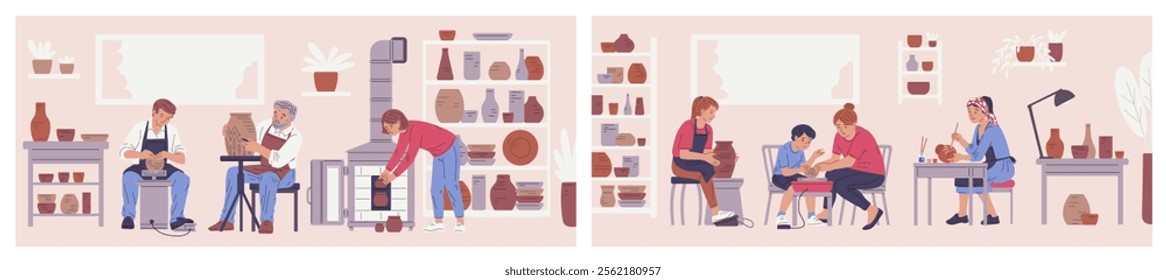 A vector set depicting a scene in an art class where people of all ages sculpt from clay. Art therapy, inspiration and the art of healthy self-expression.