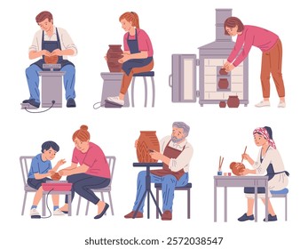 A vector set depicting a scene in a classroom where a woman, men and children are working with clay. Art therapy and the art of healthy self-expression.