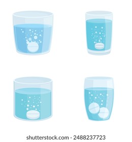 Vector set depicting a tablet dissolving in water glasses, showing different stages