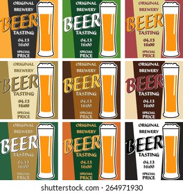 vector set design beer tasting with glass, information and special offer on two colors background