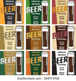 vector set design beer tasting with glass, information and special offer on two colors background