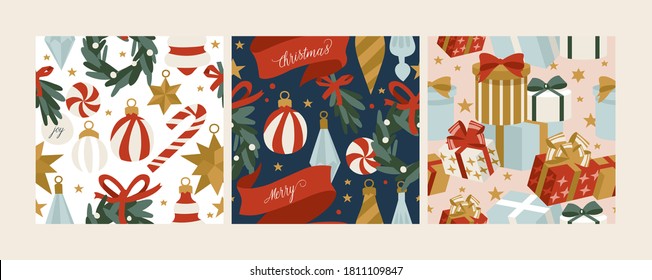Vector set design for Christmas greetings seamless patterns. Winter holidays design elements
