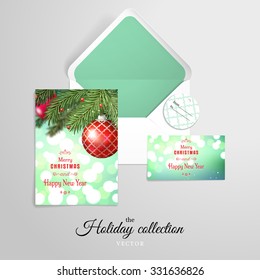 Vector set for design for Christmas and New Year. Fir tree on blurred background with red balls. Beautiful greeting lettering.