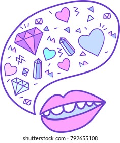 Vector set design collection of colorful modern rainbow patches pins or stickers with lips, diamonds, crystals 