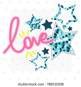 vector set design collection with sequin patches stars and word love