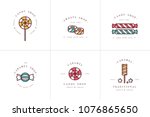 Vector set design colorful templates logo and emblems - lollipops with sprinkles caramel candies. Different sweets icon. Logos in trendy linear style isolated on white background
