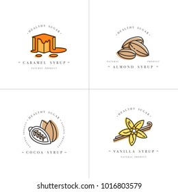 Vector set design colorful templates logo and emblems - syrups and toppings-caramel, almond, cocoa, vanilla. Food icon. Logos in trendy linear style isolated on white background