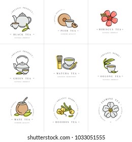 Vector set design colorful templates logo and emblems - organic herbs and teas . Different teas icon. Logos in trendy linear style isolated on white background